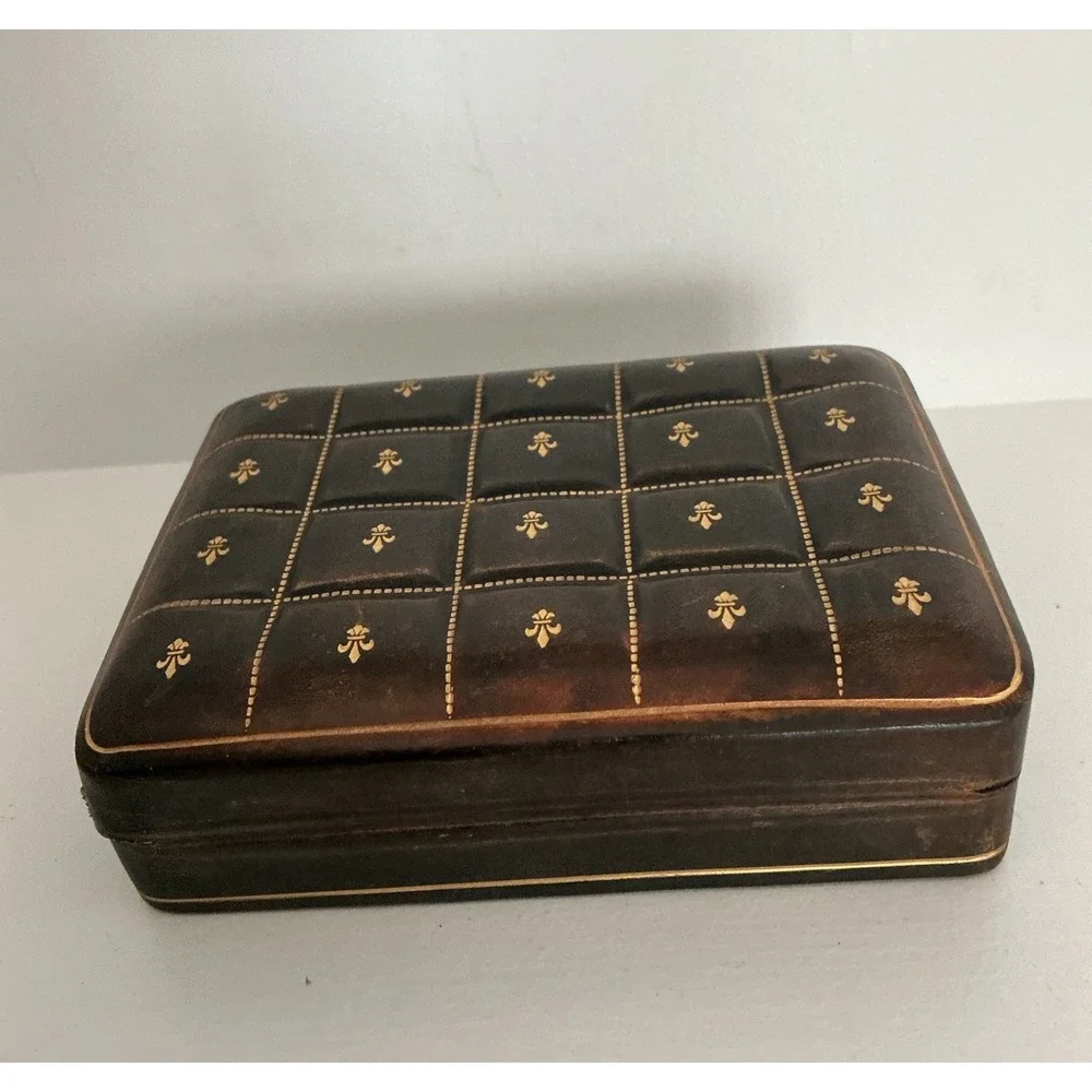 Vtg Italian Leather Jewelry Trinket Box Fleur de lis 5.5